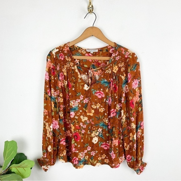 Cupcakes & Cashmere Orange Floral Metallic Stripe Blouse Sz XS - Picture 1 of 9